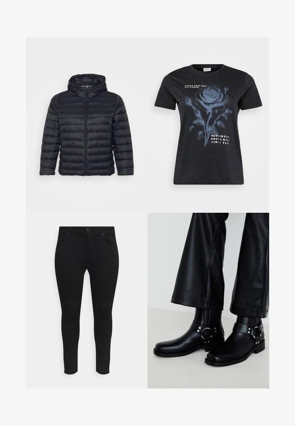 Mustmust must jacket kapuutsiga, millel on lukustus, tikkimine ja elastsed mansetid. Valmistatud kergest, siledast kangast.; ONLY Carmakoma CARMIKO WASHED SS REG TEE JRS - Trükipildiga T-särk - black; Mustad kitsad teksad, mis on valmistatud venivast kangast, ees on taskud, nupuga kinnitamine ning sujuv disain ilma nähtavate mustrite või kaunistusteta.; Mustad mustad nahast pahkluu saapad ümarate varvastega, kaunistatud dekoratiivse klambriga ja nailonistetega, ning vertikaalse soontega detailidega.