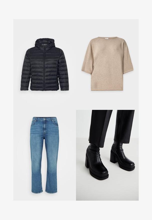 Sort pufferjakke med hætte, der har lynlås lukning, quiltet design og elastiske manchetter. Fremstillet af let, glat stof.; Beige strikket trøje med korte ærmer, rund hals og afslappet pasform, vist på en ensfarvet hvid baggrund.; Lysblå denimjeans med lige ben design, der har fem lommer, bæltestropper og subtil falming foran.; Sorte læderplatform ankelstøvler med en høj blokhæl og glat tekstur. Har syningsdetaljer og et tætsiddende design.