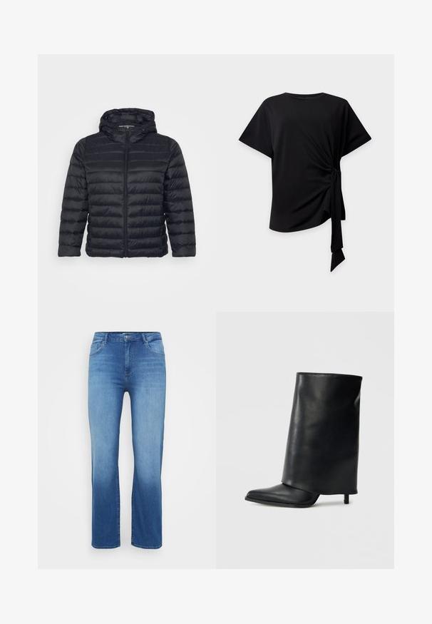 Mustmust must jacket kapuutsiga, millel on lukustus, tikkimine ja elastsed mansetid. Valmistatud kergest, siledast kangast.; Must lühikeste varrukatega topp ümarate kaelustega ja külgmise sõlme detailiga, mis loob kokkupakitud kangast ja riputava lipsu heledal taustal.; Heledad sinine teksapüksid sirge lõike, viie-tasku kujunduse ja tuhmumise efektiga allääres. Nööpiga sulgur talje juures.; Mustast nahast pahkluu saabastega, millel on struktureeritud, ümber volditud disain, terav nina ja õhuke kann. Ühtlane tekstuur ja minimaalsed detailid.