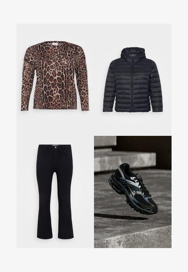 Sort pufferjakke med hætte, der har lynlås lukning, quiltet design og elastiske manchetter. Fremstillet af let, glat stof.; Langærmet skjorte med leopardprint i nuancer af brun, sort og beige. Blød tekstur med en afslappet pasform.; ONLY Carmakoma Flared fit CARTHUNDER Mid waist - Flared jeans - black denim; Sort og sølv Nike løbesko svævende over betontrappe, viser detaljeret design og tekstureret sål i udendørs omgivelser.