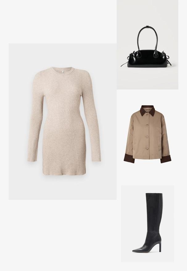 Beige jakke med mørkebrun krave og manchetter, knapper foran og to sidelommer, vist på hvid baggrund.; Beige ribbet strik langærmet kjole med en tætsiddende talje og rund halsudskæring på en hvid baggrund.; Knæhøje sorte læder stiletto støvler med spids tå og glat tekstur, der har et slankt design og minimal syning.; Lille sort blank håndtaske med to lange håndtag og snøre-detaljer i siden på en ensfarvet lys baggrund.
