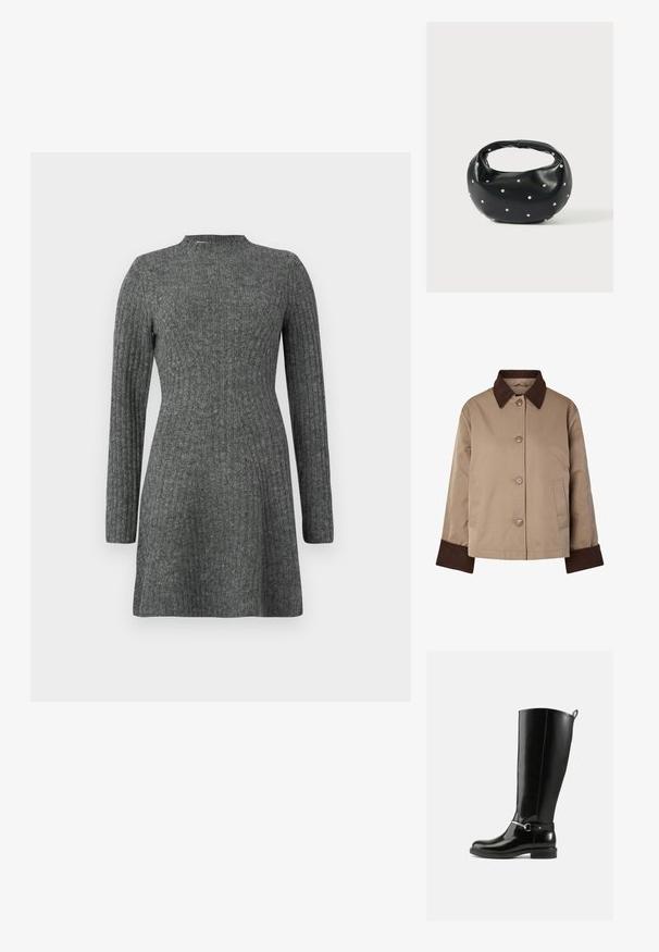Veste beige avec col et poignets marron foncé, boutons à l'avant et deux poches latérales, présentée sur fond blanc.; Robe côtelée, longueur genoux en gris foncé avec des manches longues et un col haut, fabriquée à partir d'un tissu doux et texturé.; Bottes noires montantes en cuir verni, avec un détail de boucle argentée à la cheville et une conception à bout arrondi. Semelle plate.; Sac à main en cuir noir de forme arrondie, décoré de clous argentés et équipé d'une poignée courte. Texture lisse et fermeture éclair.