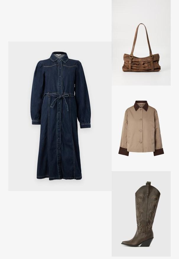 Beež mantel tumepruuni krae ja mansettidega, eest nupud ja kaks küljetaskut, valgel taustal.; Tume sinine denim kleit krae, ees nupud, pikad puff-sleeve'id ja seotud vöö. Omab õmblusdetailide lisandit.; Pruun nahast cowboy saabas, millel on terav varvas, tõusuhari ja dekoratiivne tikkimine. Omab pikka varrukat ja tõmbenööri.; Even&Odd Käekott - brown