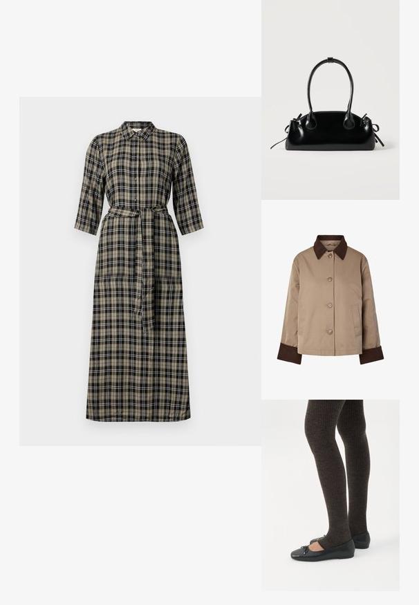 Beige jakke med mørkebrun krave og manchetter, knapper foran og to sidelommer, vist på hvid baggrund.; Lang plaid kjole med krave, knaplukning foran, trekvartlange ærmer og en bundet talje. Farverne inkluderer sort, beige og hvid.; Ben iført mørke ribbede leggings kombineret med sorte balletsko med små sløjfedetaljer på hvid baggrund.; Lille sort blank håndtaske med to lange håndtag og snøre-detaljer i siden på en ensfarvet lys baggrund.