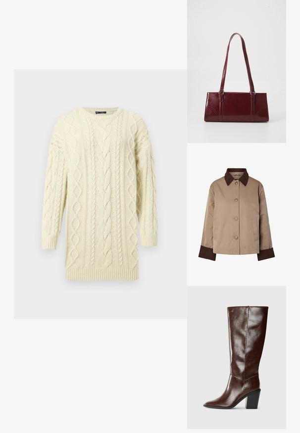 Veste beige avec col et poignets marron foncé, boutons à l'avant et deux poches latérales, présentée sur fond blanc.; Pull en tricot couleur crème avec un motif torsadé, manches longues, poignets et ourlet côtelés, doté d'un col rond.; Botte haute en cuir marron foncé avec un bout pointu et un talon empilé, présentée de côté sur un fond uni.; Sac à main bordeaux en matériau brillant, de forme rectangulaire, avec deux anses et des accents légèrement courbés à l'avant.