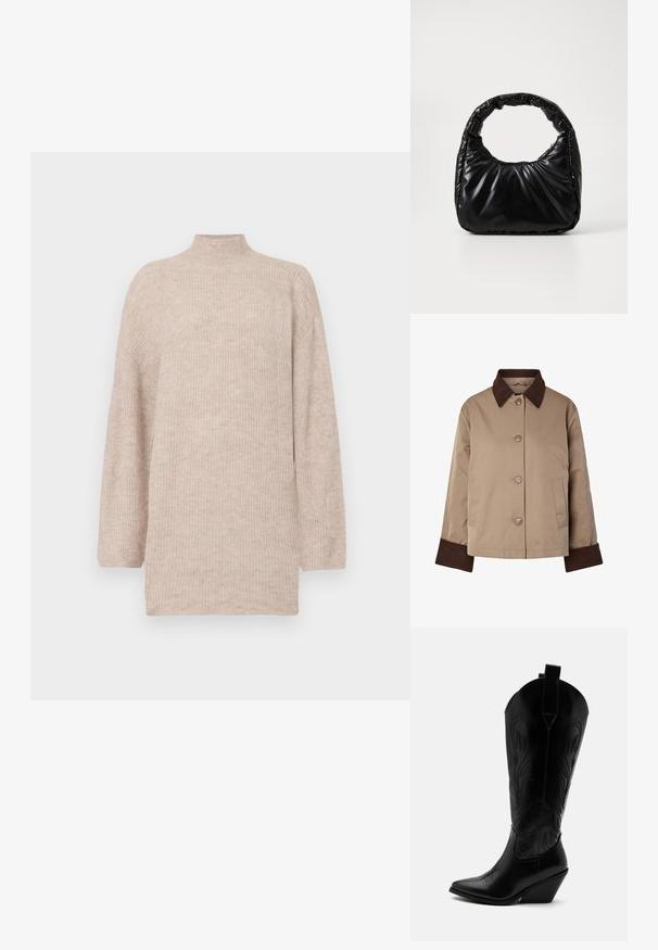 Beige jakke med mørkebrun krave og manchetter, knapper foran og to sidelommer, vist på hvid baggrund.; Beige højhalset sweater med faldende skuldre, lavet af ribbet strikmateriale. Løs pasform med lange ærmer og en blød tekstur.; Sort læder cowboystøvle med spidst tåparti, skråt blokhælhæl, dekorative sømme og trækstropper øverst mod hvid baggrund.; Sort polstret håndtaske med et rundt håndtag, der har en glat, skinnende overflade og en blød, kviltet tekstur. Ingen synlige hardware eller accenter.