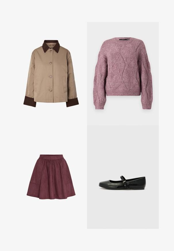 Beige jas met donkerbruine kraag en manchetten, knopen aan de voorkant en twee zijzakken, afgebeeld op een witte achtergrond.; Gebreide cropped trui in zacht roze met een textuurpatroon van bladeren, ronde hals en ribbelmanchetten en -zoom. Gemaakt van een comfortabele wolmix.; Bordeaux suède rok met een flared vorm, elastische tailleband en twee zijzakken, met een zachte textuur en minimalistisch ontwerp.; Zwarte leren balletschoenen met een ronde neus, een platte zool en een dunne verstelbare band over de wreef met een metalen gesp.