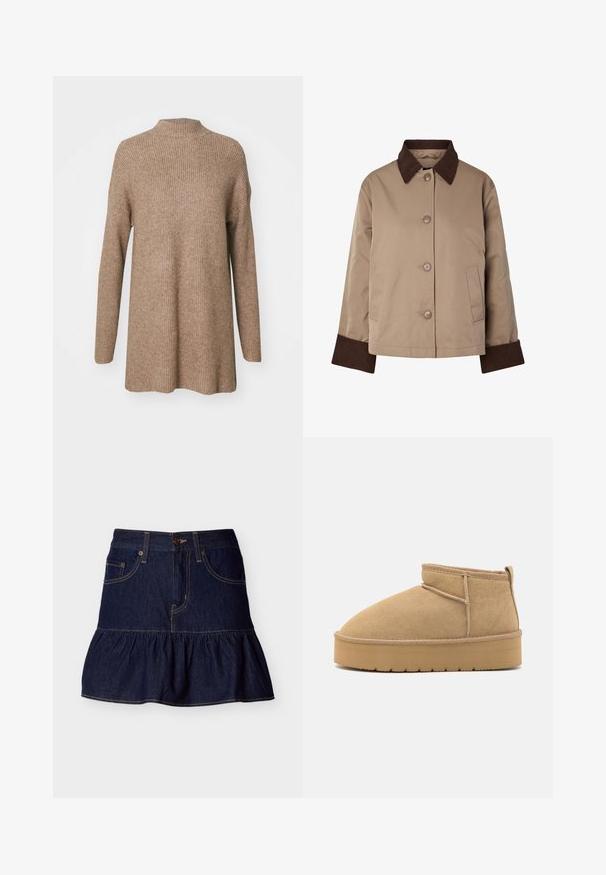 Veste beige avec col et poignets marron foncé, boutons à l'avant et deux poches latérales, présentée sur fond blanc.; Pull en maille ribulée marron avec un col montant, des manches longues et une coupe décontractée. Fabriqué en matériau doux et texturé.; Mini-jupe en denim bleu foncé avec ourlet à volants, fermeture à boutons et zip sur le devant, ainsi que deux poches avant avec passants de ceinture.; Bottines en daim beige à bout rond, avec des coutures minimales et une semelle en caoutchouc brun clair arborant un motif texturé.