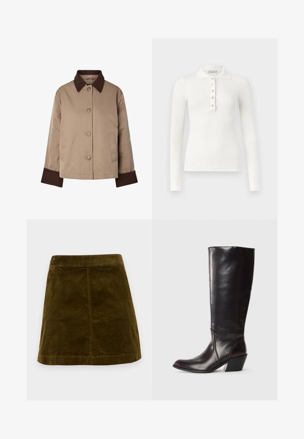 Beige jas met donkerbruine kraag en manchetten, knopen aan de voorkant en twee zijzakken, afgebeeld op een witte achtergrond.; Witte ribgebreide poloshirt met lange mouwen, vijf knopen en een omgeslagen kraag op een effen achtergrond.; Bruine corduroy mini-rok met verticale ribbels, rechte snit en een schone zoom. Beschikt over een eenvoudige tailleband zonder versieringen.; Knielange, donkerbruine leren laars met een spitse neus, hoekige blokhak en een gladde, glanzende textuur. Heeft een strak ontwerp en stikdetails.