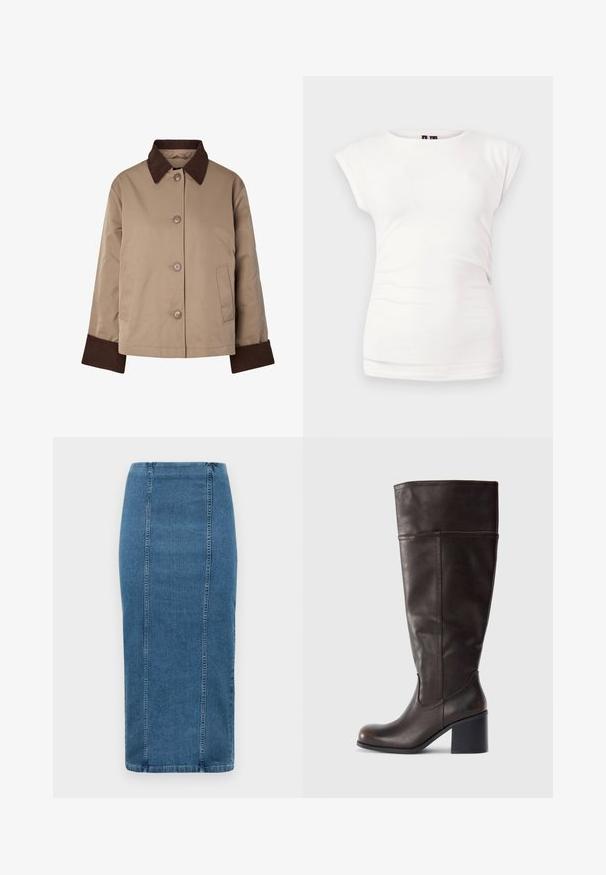 Beige jakke med mørkebrun krave og manchetter, knapper foran og to sidelommer, vist på hvid baggrund.; Hvid tætsiddende T-shirt med korte ærmer og rund hals på ensfarvet baggrund med let rynkedetalje i siden.; Blå denim blyantskørt med lodrette sømme og høj talje, der går til under knæet, vist på en hvid baggrund.; Brun læder knæhøj støvle med rund tå og stablet hæl. Har en glat tekstur og sidelægning som detalje.