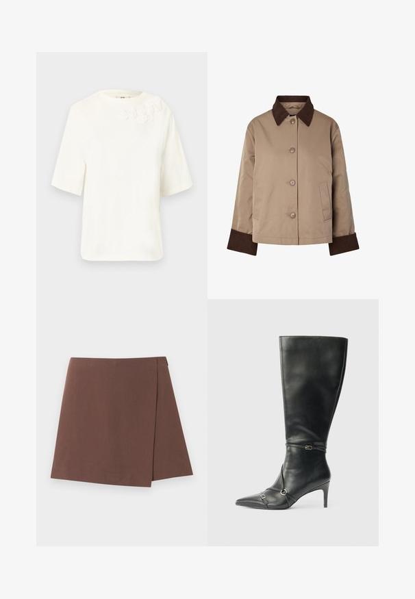 Veste beige avec col et poignets marron foncé, boutons à l'avant et deux poches latérales, présentée sur fond blanc.; Blouse blanche à manches courtes avec encolure ronde et cinq petites fleurs en tissu brodées près de l'épaule gauche.; Jupe trapèze marron avec un léger détail de superposition à l'avant, en tissu lisse, présentée sur un fond uni clair.; Bottes noires en cuir montant jusqu'au genou, avec un talon fin, un bout pointu et des détails de lanière à la cheville. Texture lisse et design ajusté.
