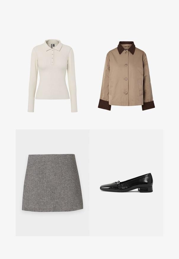 Chaqueta beige con cuello y puños marrón oscuro, botones delanteros y dos bolsillos laterales, mostrada sobre un fondo blanco.; Camisa polo de manga larga en tejido acanalado color blanco roto, con cuello y cinco botones metálicos en la parte frontal. Diseño ajustado.; Falda con patrón de espiga en tejido gris, con una silueta entallada, textura suave y bajo limpio y recto.; Bailarinas de charol negro con punta afilada, tacón cuadrado bajo y un pequeño detalle de hebilla metálica en la correa. Textura suave.