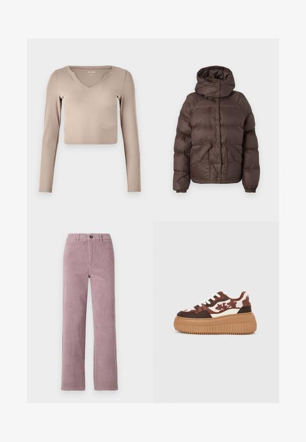 Brun pufferjakke med hætte, har et quiltet design, trykknapper og to sidelommer. Fremstillet af vandafvisende materiale.; Langærmet, cropped top i lys beige ribbet stof med V-hals og minimale syninger på kraven.; Corduroy bukser i lys mauve med lige ben. Har en frontlukning med knap og vertikal ribbet tekstur.; Platform sneakers med et brunt og cremefarvet camouflage-mønster, kontrasterende lysebrune såler og hvide snørebånd. Overdelen har blandede materialer og teksturer.