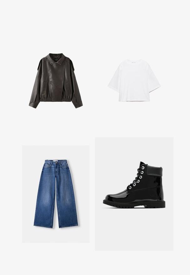 Veste en cuir marron foncé avec col, fermeture asymétrique zippée devant, manches longues, rabats d'épaule et ceinture élastique.; T-shirt blanc à manches courtes, coupe carrée, en coton doux. Présente un col rond et des manches larges, avec un design épuré et simple.; Jeans en denim bleu à jambes larges avec poches avant, passants de ceinture et fermeture par bouton, posés à plat sur un fond clair.; Bottes noires brillantes à la cheville avec une finition en cuir verni lisse, bout rond, laçage à six œillets et semelle en caoutchouc robuste.