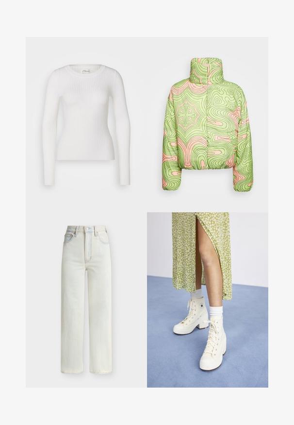 Obey Clothing WAVY AMBER PUFFER - Zimná bunda - algae green multi; Biely dlhý rukáv ribbed top s okrúhlym výstrihom. Tkanina je hladká, s jemnou textúrou a priliehavým strihom. Žiadne viditeľné kovanie ani vzory.; Džínsy s vysokým pásom a rovnými nohavicami v svetlomodrom prevedení s predným zapínaním na gombík, zipsom a piatimi vreckami.; Biele vysoké platformové tenisky s šnúrkami a striebornými očkami, v kombinácii s bielymi štucňami, na svetlomodrom podlahe.