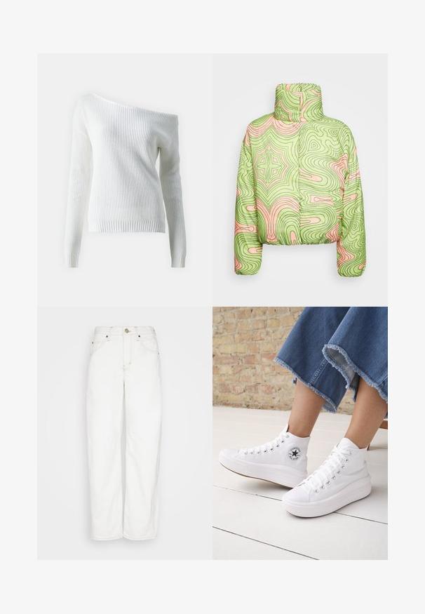 Obey Clothing WAVY AMBER PUFFER - Zimná bunda - algae green multi; Off-shoulder biela mikina vyrobená z ribbeného úpletu, s dlhými rukávmi, priliehavým lemom a textúrovaným vzorom po celom obvode.; BDG Urban Outfitters LOGAN CINCH - Džínsy s rovným strihom - white; Osoba nosiace biele vysoké tenisky Converse s hrubými podrážkami a skrátené modré rifle s ošúchaným lemom na pozadí tehlovej steny a bielej podlahy.