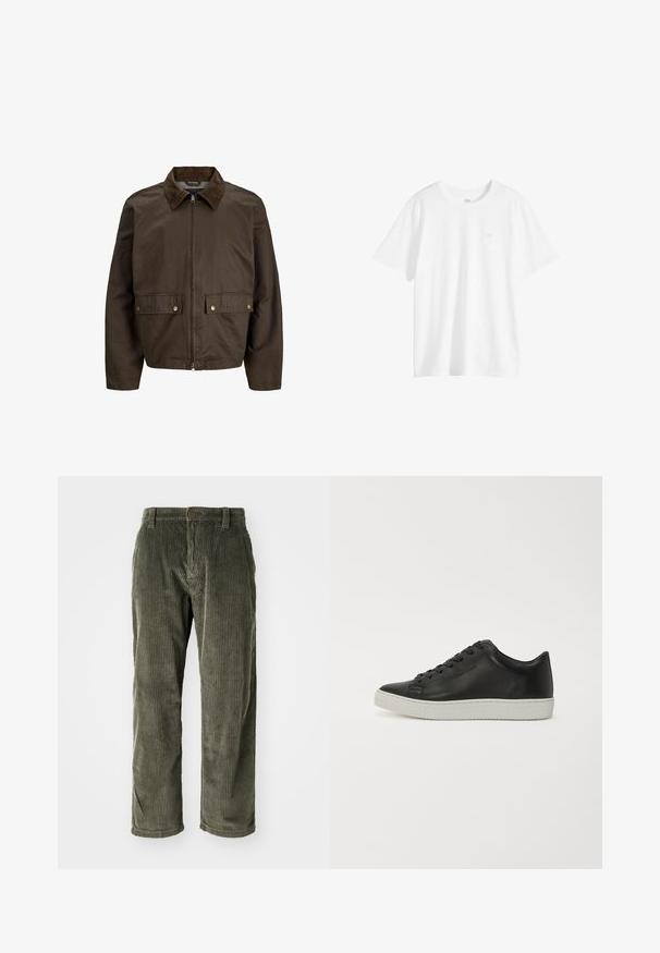 Braune Jacke mit einem Cordkragen, Reißverschluss, zwei Vordertaschen und subtiler Glanz; hat Raglanärmel und einen strukturierten Stoff.; Schlichtes weißes T-Shirt mit kurzen Ärmeln und Rundhalsausschnitt, mit einem kleinen Logo auf der linken Brustseite, auf weißem Hintergrund dargestellt.; Olivgrüne Cordhosen mit vertikalen Rippungen, ausgestattet mit einem Knopfverschluss und einem geraden Schnitt. Weicher Stoff mit klassischer Passform.; Schwarze Leder-Sneaker mit runder Spitze, flacher weißer Gummisohle und einer Schnürung mit sechs Ösen. Glatte Textur, minimalistischer Stil.
