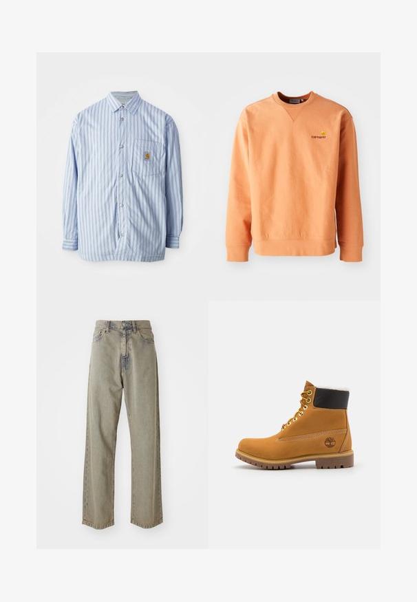 Gestreiftes Hemd in Hellblau und Weiß mit roten Akzenten. Verfügt über eine Brusttasche und lange Ärmel. Hergestellt aus einem glatten Stoff.; Orange Sweatshirt mit langen Ärmeln und Rundhalsausschnitt. Rippbündchen und Saum, mit einem kleinen gelben Carhartt-Logo auf der Brust. Weiche Textur.; Helle graue, weit geschnittene Jeans aus Denim, mit einer ausgebleichtenen Textur, sichtbaren Nähten und traditionellem Knopf- und Reißverschluss.; Braune Leder-Ankle-Boots mit Metallösen, weißem Kunstfellfutter, schwarzem gepolstertem Kragen, robustem Sohlenprofil und geprägtem Logo an der Seite.