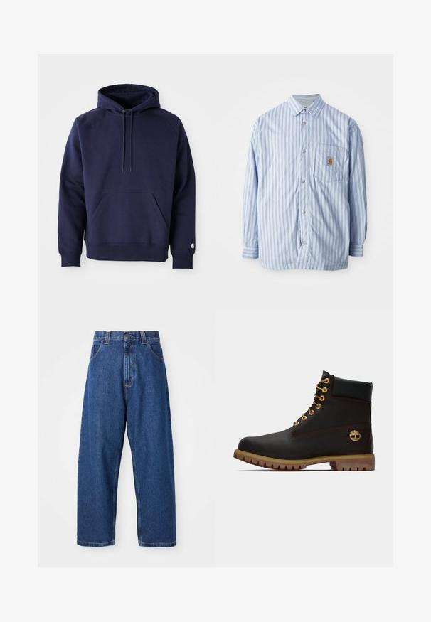 Gestreept button-up shirt in lichtblauw en wit met rode accenten. Heeft een borstzak en lange mouwen. Gemaakt van een soepele stof.; Donkerblauwe pullover hoodie van zacht stof. Voorzien van een kangoeroezak, trekkoordcapuchon en ribgebreide manchetten. Geaccentueerd met logo op de mouw.; Denim wijde broek in donkerblauw. Kenmerken zijn een hoge taille, riemlussen en een klassiek vijf-pocket ontwerp. Gestikte zoom met een schone afwerking.; Zwarte leren enkellaars met gouden oogjes, bruine accenten en een rubberen zool. Heeft een gevoerde kraag en geperst logo aan de zijkant.