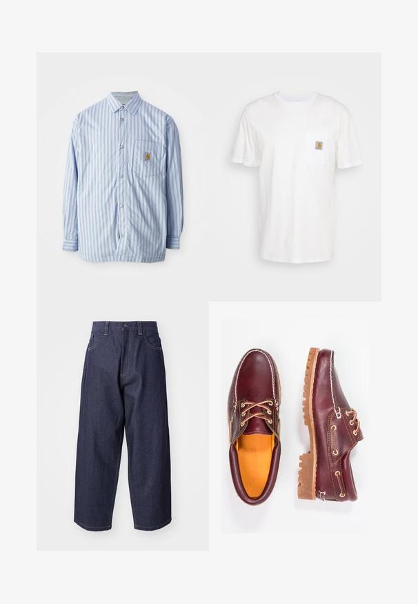 Gestreiftes Hemd in Hellblau und Weiß mit roten Akzenten. Verfügt über eine Brusttasche und lange Ärmel. Hergestellt aus einem glatten Stoff.; Weißes Baumwoll-T-Shirt mit kurzen Ärmeln, einer Brusttasche und einem kleinen quadratischen Logopatch in Orange und Weiß auf der Tasche.; Dunkelblaue Denim-Jeans mit einem lockeren, weiten Schnitt. Zu den Merkmalen gehören ein Knopfverschluss, Fronttaschen und sichtbare Nähte.; Bordeauxfarbene Lederschuhe mit braunen Gummisohlen, runder Zehenform, weißen Nähten und goldenen Ösen. Das Innenfutter weist eine gelbe Beschichtung auf.