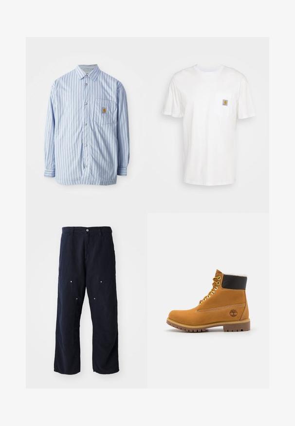 Camisa de botones a rayas en azul claro y blanco con acentos rojos. Tiene un bolsillo en el pecho y mangas largas. Está hecha de una tela suave.; Camiseta de algodón blanca con mangas cortas, un bolsillo en el pecho y un pequeño parche cuadrado de logo en naranja y blanco en el bolsillo.; Pantalones de pierna ancha color azul marino, hechos de algodón con un acabado texturizado. Presenta dos bolsillos delanteros con acentos de botón y un cierre delantero con botón.; Botín de cuero marrón con ojales de metal, forro de piel sintética blanca, cuello acolchado negro, suela resistente y logotipo en relieve en el costado.