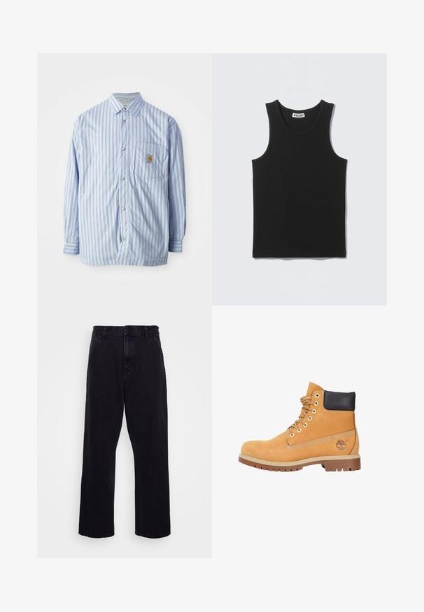 Gestreept button-up shirt in lichtblauw en wit met rode accenten. Heeft een borstzak en lange mouwen. Gemaakt van een soepele stof.; Zwart mouwloos geribd tanktopje met ronde hals en Weekday merklabel aan de binnenkant van de achterkraag.; Zwarte denim broek met een rechte pijpdesign, voorzien van een knoop- en ritssluiting, riemlussen en minimale stikdetails.; Tan suède laars met een zwarte gewatteerde kraag, metalen oogjes en rubberen zool, voorzien van ton-sur-ton stiksels en een logo aan de zijkant.