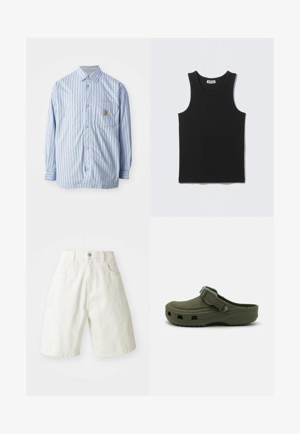 Stribet skjorte i lyseblå og hvid med røde accenter. Har en brystlomme og lange ærmer. Fremstillet af et glat materiale.; Sort ærmeløs ribbet tanktop med rund halsudskæring og Weekday-mærke på inderkraven bagpå.; Hvide denimshorts med en afslappet pasform, der har en talje, fem lommer og lige ben. Stoffet har en let tekstur.; Grøn gummi klipklap med justerbar rem og ventilationshuller. Glat tekstur, rundt tåparti og hævet sål for komfort.