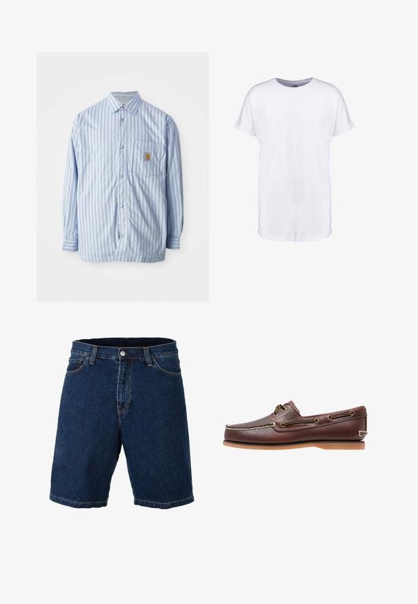 Stribet skjorte i lyseblå og hvid med røde accenter. Har en brystlomme og lange ærmer. Fremstillet af et glat materiale.; Neutral hvid kortærmet t-shirt med op rullede ærmekanter og rund halsudskæring, vist på en hvid baggrund.; Mørkeblå denimshorts med lige snit, almindelig talje og metalknaplukning; har kontrasterende gul syning og kant.; Brun læder bådsko med hvide sømme, snøre detaljer og lysbrun gummisål, vist fra siden på hvid baggrund.