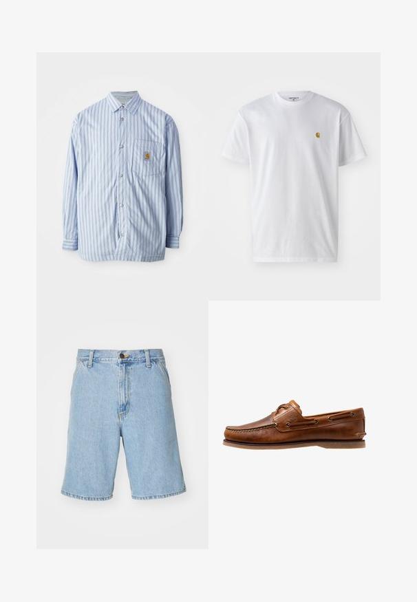 Stribet skjorte i lyseblå og hvid med røde accenter. Har en brystlomme og lange ærmer. Fremstillet af et glat materiale.; Hvid bomulds t-shirt med korte ærmer, rund hals og et lille guld logo på venstre brystområde. Blød tekstur og almindelig pasform.; Lysblå denim shorts med en afslappet pasform, der har lynlås og knaplukning samt fire lommer. Stoffet har en glat tekstur.; Brune læder bådsko med syede detaljer, der har metaløjer, en forhøjet søm på tåen og en flad gummisål.