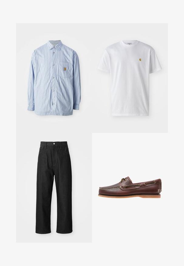 Camisa de botones a rayas en azul claro y blanco con acentos rojos. Tiene un bolsillo en el pecho y mangas largas. Está hecha de una tela suave.; Camiseta de algodón blanca con mangas cortas, cuello redondo, que presenta un pequeño logo dorado en la parte izquierda del pecho. Textura suave y corte regular.; Pantalones de mezclilla negros con un corte relajado, cintura alta, cierre de cremallera y diseño de cinco bolsillos. Costuras visibles que realzan el diseño.; Zapato náutico de cuero marrón con costuras blancas, detalles de cordones y suela de goma color coñac, mostrado de lado sobre un fondo blanco.