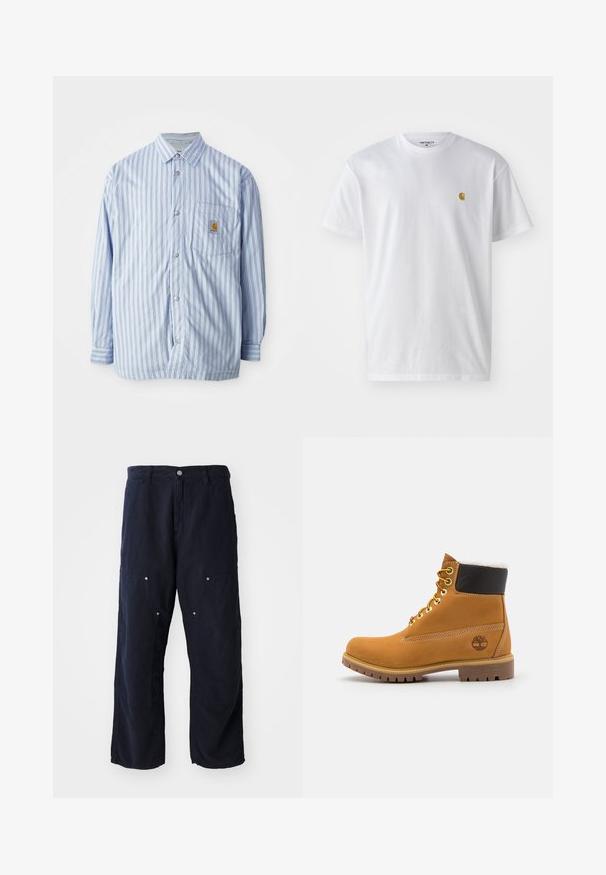 Camisa de botones a rayas en azul claro y blanco con acentos rojos. Tiene un bolsillo en el pecho y mangas largas. Está hecha de una tela suave.; Camiseta de algodón blanca con mangas cortas, cuello redondo, que presenta un pequeño logo dorado en la parte izquierda del pecho. Textura suave y corte regular.; Pantalones de pierna ancha color azul marino, hechos de algodón con un acabado texturizado. Presenta dos bolsillos delanteros con acentos de botón y un cierre delantero con botón.; Botín de cuero marrón con ojales de metal, forro de piel sintética blanca, cuello acolchado negro, suela resistente y logotipo en relieve en el costado.