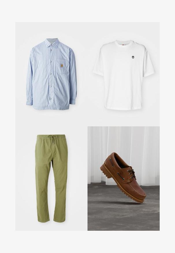 Camisa de botones a rayas en azul claro y blanco con acentos rojos. Tiene un bolsillo en el pecho y mangas largas. Está hecha de una tela suave.; Camiseta de algodón blanca con cuello redondo, mangas cortas y un pequeño logo negro de un árbol en el lado izquierdo del pecho. Tejido suave, corte relajado.; Pantalones de corte relajado en verde oliva con cinturilla elástica y cordón. Confeccionados en una tela suave con una textura lisa y perneras rectas.; Zapato náutico de cuero marrón con cordones negros, costuras beige y una suela resistente, suspendido sobre un suelo de hormigón gris.