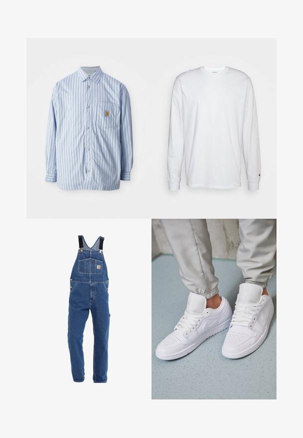 Gestreiftes Hemd in Hellblau und Weiß mit roten Akzenten. Verfügt über eine Brusttasche und lange Ärmel. Hergestellt aus einem glatten Stoff.; Weißes Langarm-T-Shirt aus Baumwolle. Rundhals-Design mit gerippten Bündchen und kleinem Logo auf dem linken Ärmel. Glatte Textur.; Jeanslatzhosen in einem mittleren Blauton, mit verstellbaren schwarzen Trägern, mehreren Taschen und Metallbeschlägen.; Weiße Ledersneaker mit perforierter Zehenbox, flachen Schnürsenkeln, gepolstertem Kragen und dem Jordan-Logo auf der Zunge. Getragen mit grauen Jogginghosen.
