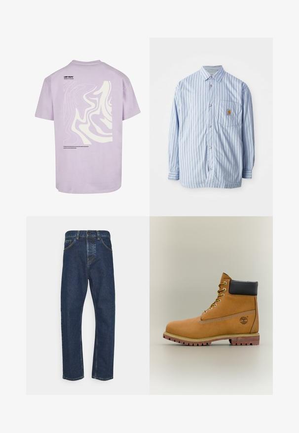 Gestreiftes Hemd in Hellblau und Weiß mit roten Akzenten. Verfügt über eine Brusttasche und lange Ärmel. Hergestellt aus einem glatten Stoff.; Lila Baumwoll-T-Shirt mit kurzen Ärmeln. Auf der Rückseite befindet sich ein großes weißes abstraktes Design, und in der Nähe des Halsausschnitts steht "LOST YOUTH".; Dunkelblaue gerade geschnittene Jeans mit vorderem Knopf, Reißverschluss und Taschen, vor einem weißen Hintergrund präsentiert.; Brauner Leder-Stiefelette mit schwarzem Kragen, gelben Schnürsenkeln und hellbrauner Sohle. Verfügt über ein Logo und weiße Ziernähe. Robuste Profilsohle.