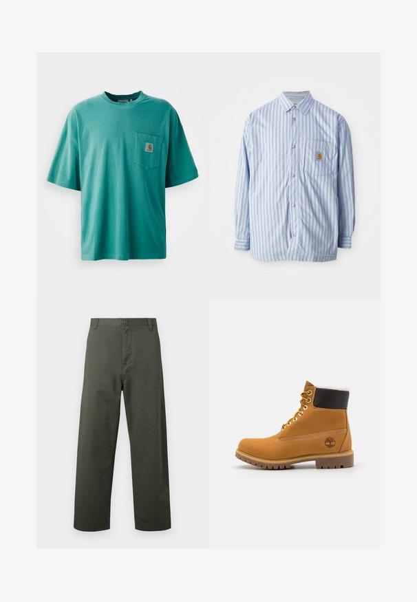 Camisa de botones a rayas en azul claro y blanco con acentos rojos. Tiene un bolsillo en el pecho y mangas largas. Está hecha de una tela suave.; Camiseta de algodón verde con cuello redondo, mangas cortas y un bolsillo frontal con un parche de logo. Textura suave y ajuste relajado.; Pantalones de algodón verdes con un diseño de pierna recta, cierre frontal de botón y bolsillos laterales. Textura suave, estilo simple y sin patrones visibles.; Botín de cuero marrón con ojales de metal, forro de piel sintética blanca, cuello acolchado negro, suela resistente y logotipo en relieve en el costado.