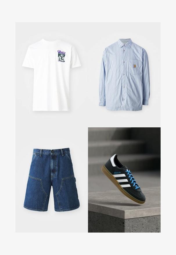 Gestreiftes Hemd in Hellblau und Weiß mit roten Akzenten. Verfügt über eine Brusttasche und lange Ärmel. Hergestellt aus einem glatten Stoff.; Weißes Baumwoll-T-Shirt mit einem grafischen Druck in Lila, der eine sitzende Figur zeigt, mit dem Text "Obey" und "Stop Worry Now!" in Schwarz.; Denim-Shorts mit einer dunkelblauen Waschung, großen Fronttaschen, Knopfverschluss und sichtbaren Nähten entlang der Säume.; Schwarzer Adidas-Sneaker mit weißen Streifen, blauen Schnürsenkeln und Gummisohle, der über einer grauen Betontreppe im weichen Licht schwebt.