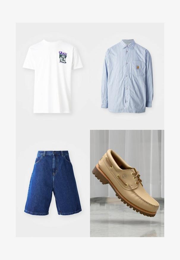Gestreiftes Hemd in Hellblau und Weiß mit roten Akzenten. Verfügt über eine Brusttasche und lange Ärmel. Hergestellt aus einem glatten Stoff.; Weißes Baumwoll-T-Shirt mit einem grafischen Druck in Lila, der eine sitzende Figur zeigt, mit dem Text "Obey" und "Stop Worry Now!" in Schwarz.; Jeansshorts mit blauer Waschung, hoher Taille, zwei Fronttaschen und gelben Nähten entlang der Nähte.; Hellbraune Lederbootsschuhe mit dickem, geripptem Profil und Schnürdetails, schwebend über einem Marmorboden und einem Hintergrund aus weißen vertikalen Jalousien.