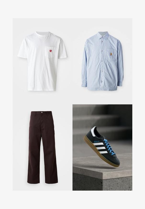 Gestreiftes Hemd in Hellblau und Weiß mit roten Akzenten. Verfügt über eine Brusttasche und lange Ärmel. Hergestellt aus einem glatten Stoff.; Weißes Baumwoll-T-Shirt mit rundem Halsausschnitt und kurzen Ärmeln. Verfügt über ein kleines rotes Herzlogo auf der linken Brusttasche.; Dunkelbraune weit geschnittene Hose aus robustem Baumwollstoff, mit einem vorderen Knopfverschluss und zwei Seitentaschen. Glatte Textur, klassisches Design.; Schwarzer Adidas-Sneaker mit weißen Streifen, blauen Schnürsenkeln und Gummisohle, der über einer grauen Betontreppe im weichen Licht schwebt.