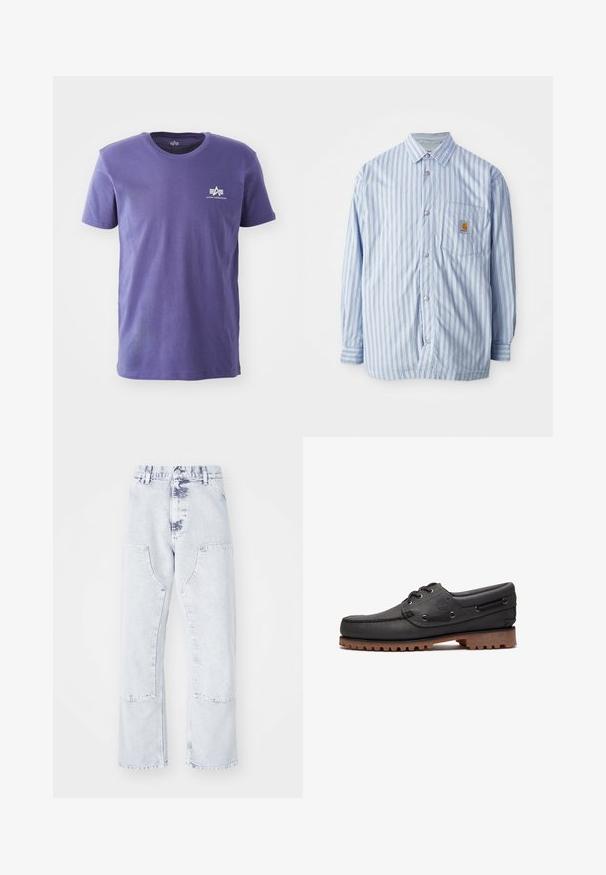 Gestreiftes Hemd in Hellblau und Weiß mit roten Akzenten. Verfügt über eine Brusttasche und lange Ärmel. Hergestellt aus einem glatten Stoff.; Lila T-Shirt mit kurzen Ärmeln und Rundhalsausschnitt mit kleinem weißem Alpha Industries Logo auf der linken Brust vor weißem Hintergrund.; Hellblaue Denim-Jeans im Straight-Leg-Schnitt mit aufgesetzten Taschen, hoher Taille und einem verwaschenen Finish. Mit tonalem Nähen und einem lässigen Schnitt.; Schwarzes Bootsschuh aus Leder mit Schnürdetails, rundem Zehenbereich, strukturierter brauner Gummisohle und genähten Lederseiten.