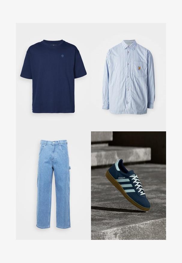 Camisa de botones a rayas en azul claro y blanco con acentos rojos. Tiene un bolsillo en el pecho y mangas largas. Está hecha de una tela suave.; Camiseta de algodón de color azul marino con cuello redondo, mangas cortas y un pequeño logo tonal en el pecho. Corte casual, textura suave.; Pantalones cargo de denim azul claro con pierna recta, bolsillos frontales y bolsillos laterales. La textura de la tela es suave con un acabado ligeramente desgastado.; Zapatilla azul Adidas Spezial con rayas y cordones blancos, suela de goma, flotando sobre una superficie de hormigón rugosa y escaleras de fondo.