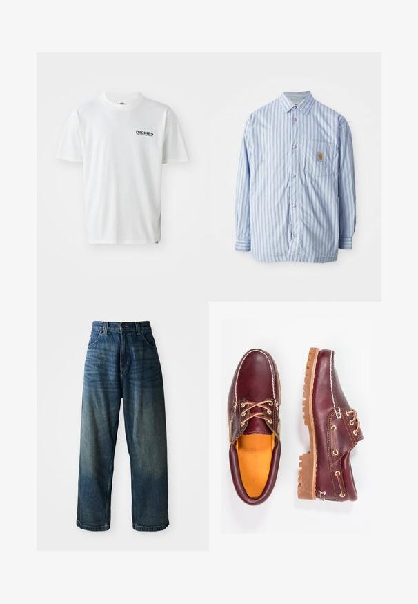 Stribet skjorte i lyseblå og hvid med røde accenter. Har en brystlomme og lange ærmer. Fremstillet af et glat materiale.; Hvid bomulds T-shirt med korte ærmer, prydet med et grønt "DICKIES ON THE ROAD AGAIN" logo på venstre bryst. Standard crew neck design.; Bredde ben blå denimjeans med en falmet finish. Har fem lommer, knaplukning og kontrasterende syninger. Tyk stof.; Bordeaux lædersko med brune gummisåler, rund tå, hvid syning og gyldne snøringer. Indersiden har et gult for.
