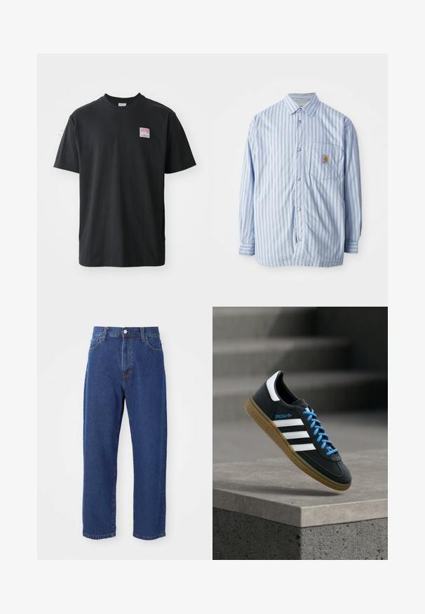 Gestreept button-up shirt in lichtblauw en wit met rode accenten. Heeft een borstzak en lange mouwen. Gemaakt van een soepele stof.; Zwarte katoenen t-shirt met ronde hals, korte mouwen en een klein gekleurd label op de linkerkant van de borst met het woord "SUPERIOR."; Hoge taille blauwe jeans van denim, met een rechte pijp silhouet, zichtbare stiksels en een sluiting met een voorknoop.; Zwarte Adidas-sneaker met witte strepen, blauwe veters en een gumzool die boven een grijze betonnen trede zweeft in zacht licht.