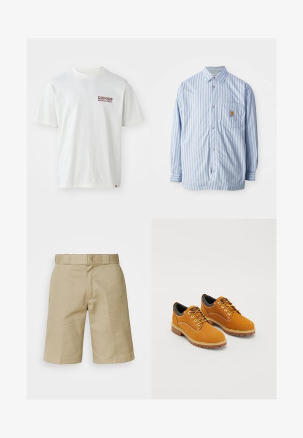Gestreiftes Hemd in Hellblau und Weiß mit roten Akzenten. Verfügt über eine Brusttasche und lange Ärmel. Hergestellt aus einem glatten Stoff.; Weißes Baumwoll-T-Shirt mit kurzen Ärmeln, Rundhalsausschnitt und einem roten Logo auf der linken Brustseite. Schlichtes Design ohne Muster.; Khaki-Shorts mit flachem Frontdesign, genähtem Bund mit Gürtelschlaufen und zwei Seitentaschen. Hergestellt aus leichtem Stoff.; Braune Wildlederschuhe mit einer runden Zehenpartie, gelben Schnürsenkeln, einem gepolsterten schwarzen Kragen und Gummisohlen mit Rillen für besseren Halt.