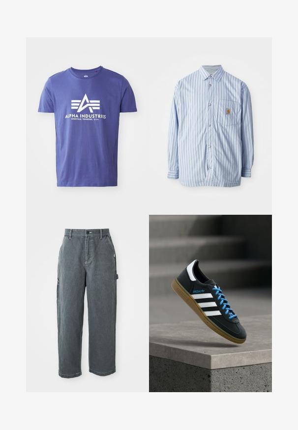 Stribet skjorte i lyseblå og hvid med røde accenter. Har en brystlomme og lange ærmer. Fremstillet af et glat materiale.; Lilla bomulds T-shirt med korte ærmer, der har et hvidt logo, som inkluderer "ALPHA INDUSTRIES" og et geometrisk design.; Mørkegrå lige ben arbejdsbukser med bæltestropper, frontknap og lynlås, sidelommer og en hammerløkke på højre ben.; Sort Adidas sneaker med hvide striber, blå snørebånd og gummisål, der svæver over gråt betontrin i blødt lys.