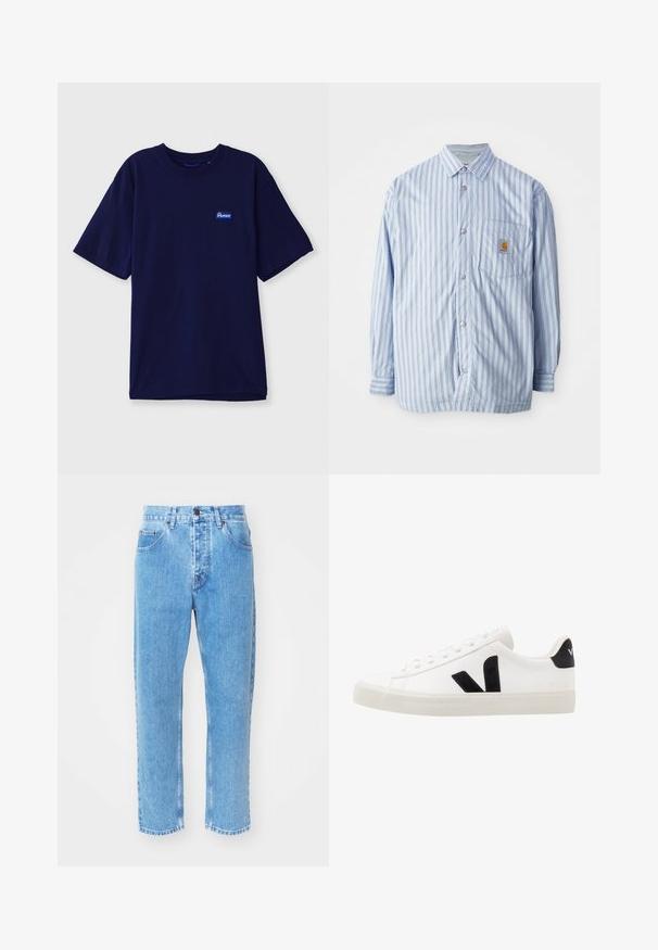 Gestreiftes Hemd in Hellblau und Weiß mit roten Akzenten. Verfügt über eine Brusttasche und lange Ärmel. Hergestellt aus einem glatten Stoff.; Hemd aus navyblauem Baumwollstoff mit Rundhalsausschnitt, kurzen Ärmeln und einem kleinen rechteckigen Markenetikett in Blau und Weiß auf der linken Brust.; Hellblaue Denim-Jeans verfügen über ein gerades Bein-Design, fünf Taschen und einen klassischen Knopfverschluss am Bund.; Weiße Leder-Sneaker mit schwarzen Wildlederelementen; verfügen über eine Gummisohle, eine runde Spitze und ein klassisches Schnürdesign. Seitliches Logo in Schwarz.