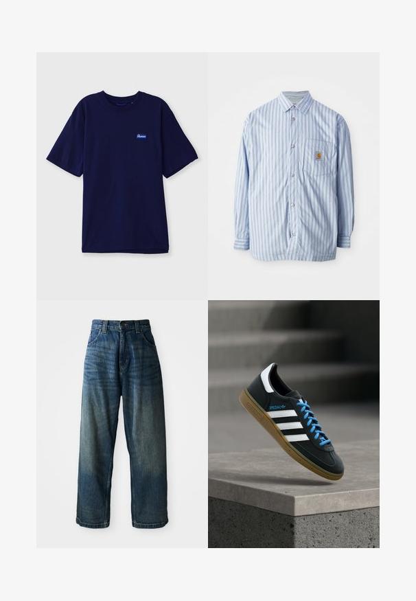 Gestreiftes Hemd in Hellblau und Weiß mit roten Akzenten. Verfügt über eine Brusttasche und lange Ärmel. Hergestellt aus einem glatten Stoff.; Hemd aus navyblauem Baumwollstoff mit Rundhalsausschnitt, kurzen Ärmeln und einem kleinen rechteckigen Markenetikett in Blau und Weiß auf der linken Brust.; Weite blaue Denim-Jeans mit einem verwaschenen Finish. Verfügt über fünf Taschen, einen Knopfverschluss und kontrastierende Nähte. Schwergewichtiges Material.; Schwarzer Adidas-Sneaker mit weißen Streifen, blauen Schnürsenkeln und Gummisohle, der über einer grauen Betontreppe im weichen Licht schwebt.