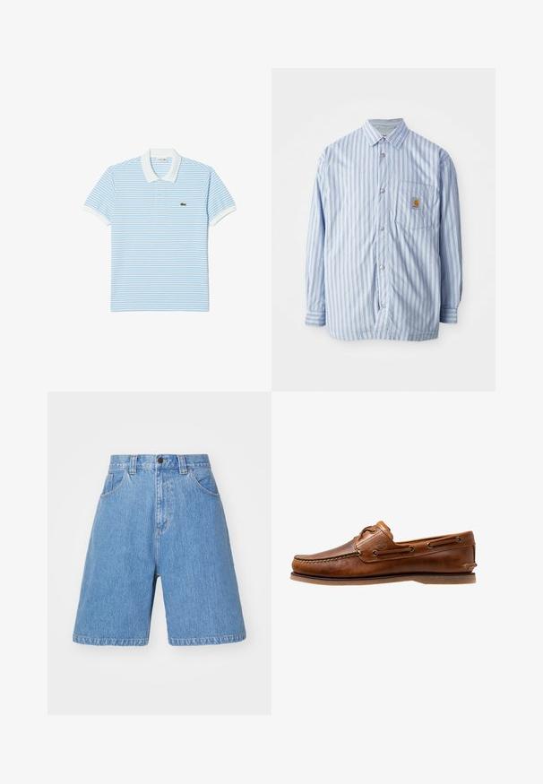 Gestreiftes Hemd in Hellblau und Weiß mit roten Akzenten. Verfügt über eine Brusttasche und lange Ärmel. Hergestellt aus einem glatten Stoff.; Blau-weiß gestreiftes Polohemd aus Baumwolle mit klassischem Kragen, kurzen Ärmeln und einem grünen Logo auf der linken Brust.; Hellblaue Denim-Shorts mit lockerer Passform, hohem Bund, Fünf-Taschen-Design und dezentem Verblassen. Mit Knopfverschluss und Gürtelschlaufen.; Braune Lederbootsschuhe mit gesteppten Akzenten, metallischen Ösen, einer erhöhten Naht an der Zehe und einer flachen Gummisohle.