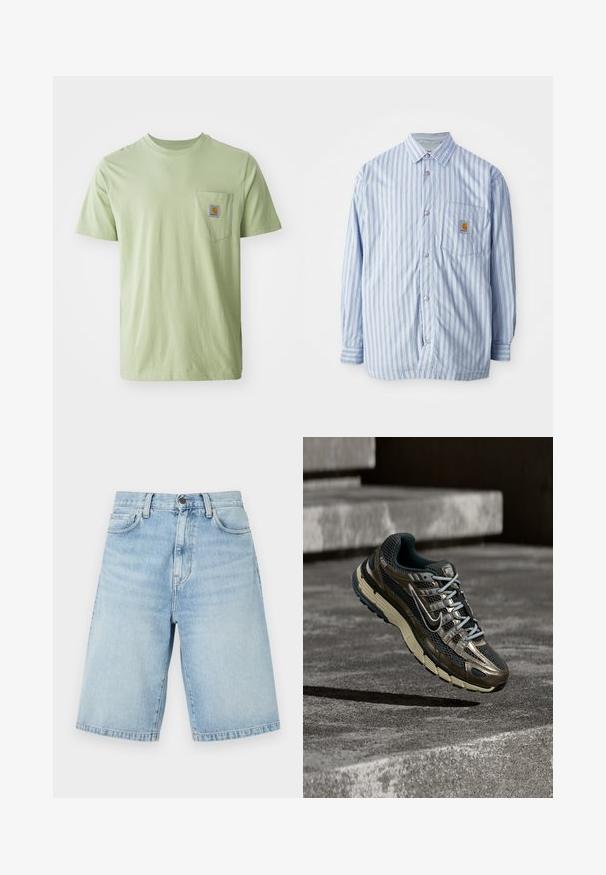 Stribet skjorte i lyseblå og hvid med røde accenter. Har en brystlomme og lange ærmer. Fremstillet af et glat materiale.; Lysegrøn kortærmet t-shirt lavet af blødt stof, med en brystlomme der har et firkantet logo-patch. Enkel, udekoreret design.; Lyseblå denim knælange shorts med forlommer, bæltestropper og knaplukning.; Mørk metallisk og sort Nike løbesko med beige sål, der svæver over grå betontrapper.