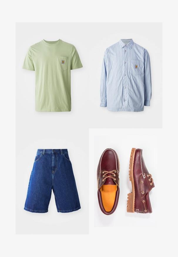 Gestreept button-up shirt in lichtblauw en wit met rode accenten. Heeft een borstzak en lange mouwen. Gemaakt van een soepele stof.; Lichtgroen t-shirt met korte mouwen van zachte stof, met een borstzak en een vierkante logopatch. Eenvoudig, onopgesmukt ontwerp.; Denim shorts met een blauwe wassing, met een hoge taille, twee zakken aan de voorkant en gele stiksels langs de naden.; Bordeaux leren schoenen met bruine rubberen zolen, ronde neus, witte stiksels en gouden veterogen. Het interieur heeft een gele voering.