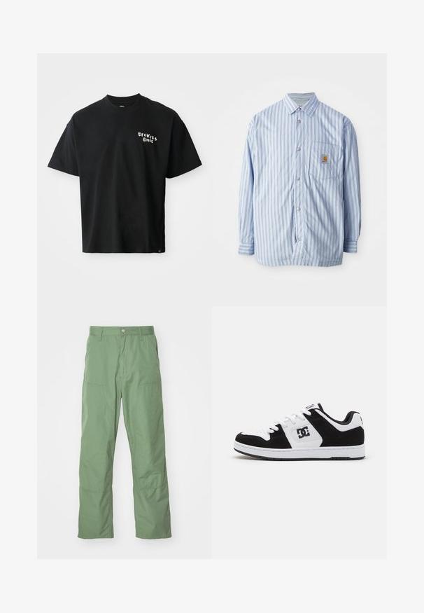 Gestreiftes Hemd in Hellblau und Weiß mit roten Akzenten. Verfügt über eine Brusttasche und lange Ärmel. Hergestellt aus einem glatten Stoff.; Schwarzes T-Shirt mit kurzen Ärmeln aus Baumwolle und lockerer Passform. Auf der Vorderseite befindet sich ein weißes "Dickies"-Logo. Rundhalsausschnitt, einfarbig.; Hellgrüne, lässige Hose mit glatter Textur, ausgestattet mit Seitentaschen und sichtbaren Nähten. Vollständig lang mit geradem Bein.; Schwarz-weißer Sneaker aus einer Kombination von Leder und Wildleder, mit perforierter Zehenpartie, strukturierten Akzenten und Logodetail.